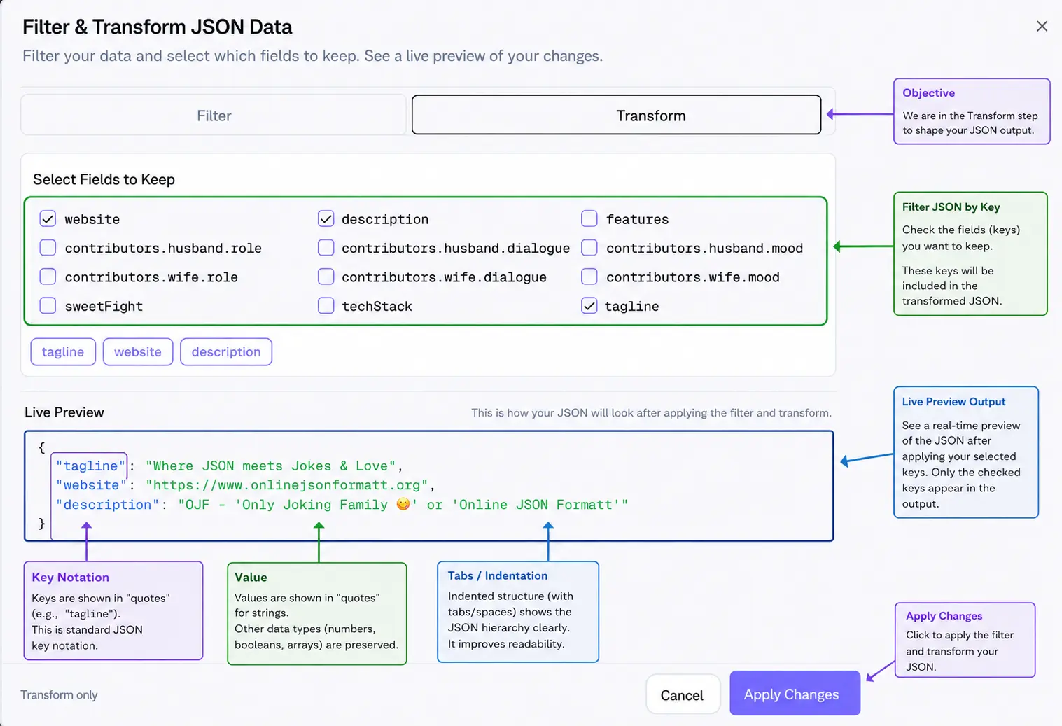 Filter & Transform dialog in OnlineJSONFormatt with condition builder and live JSON preview